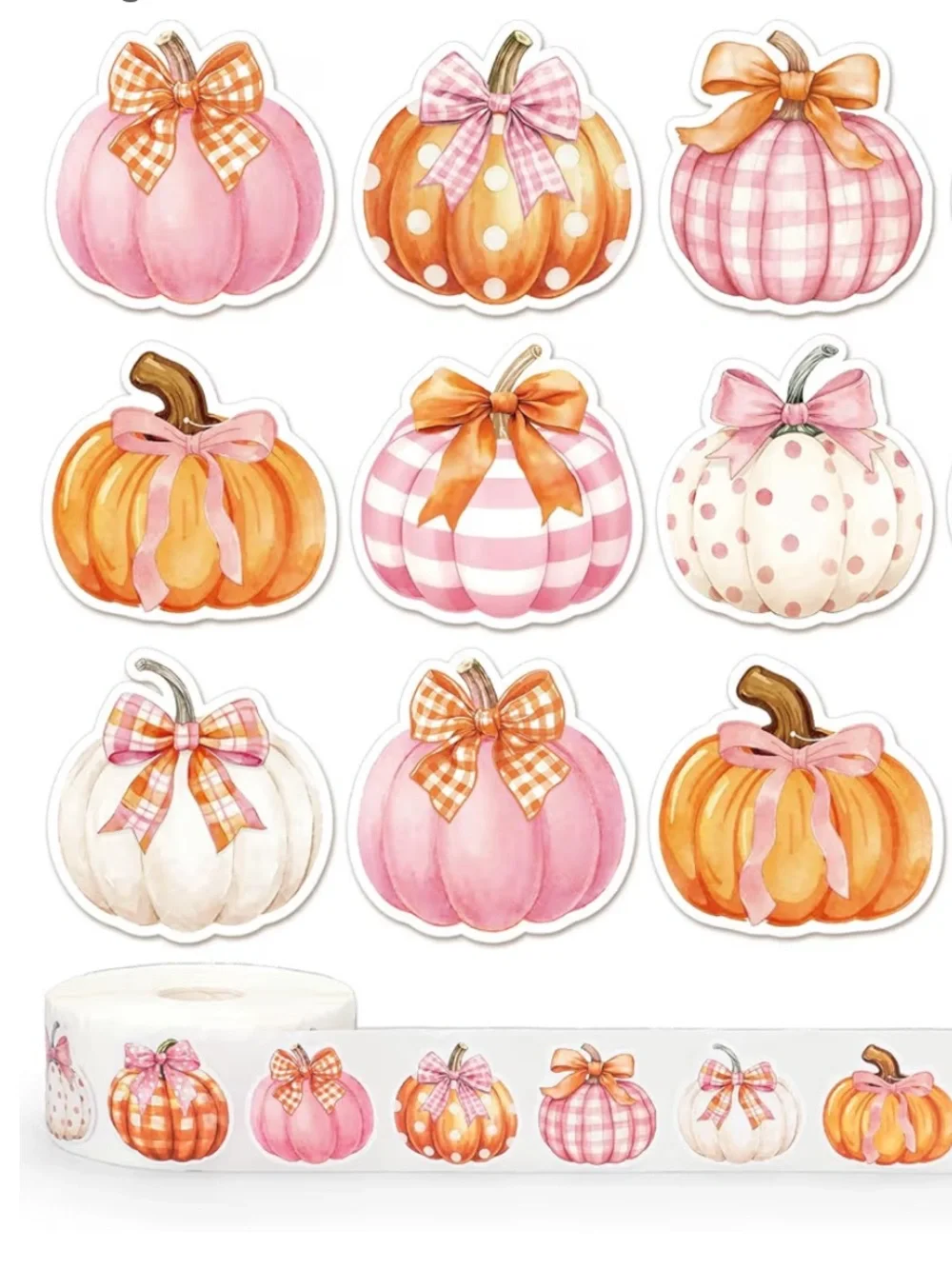 NEW! 50 Pink & Orange Bow Plaid Pumpkin 1.5 inch Fall Stickers